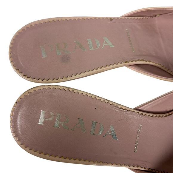 Prada Vintage 90s Khaki Leather Ballet Buckle Kitten Heel Mule 8 - Picture 3 of 9